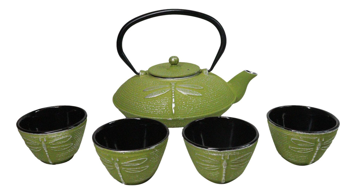 Green Dragonfly Traditional Tetsubin Cast Iron Tea Pot With 4 Cups Set 37oz