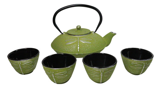 Green Dragonfly Traditional Tetsubin Cast Iron Tea Pot With 4 Cups Set 37oz