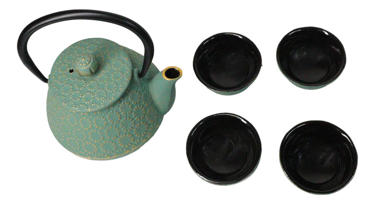 Chrysanthemum Green Gold Petite Cast Iron Teapot 10oz With 4 Mini Tea Cups Set