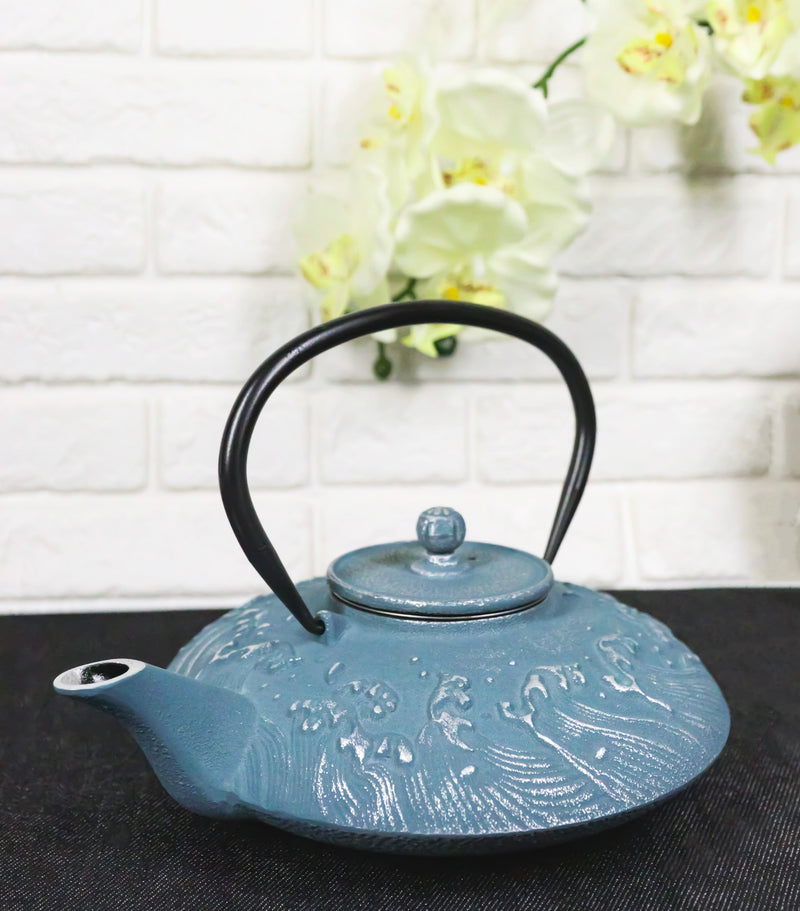 Royal Blue Ocean Sea Waves Cast Iron Tetsubin Teapot With Enamel Liner