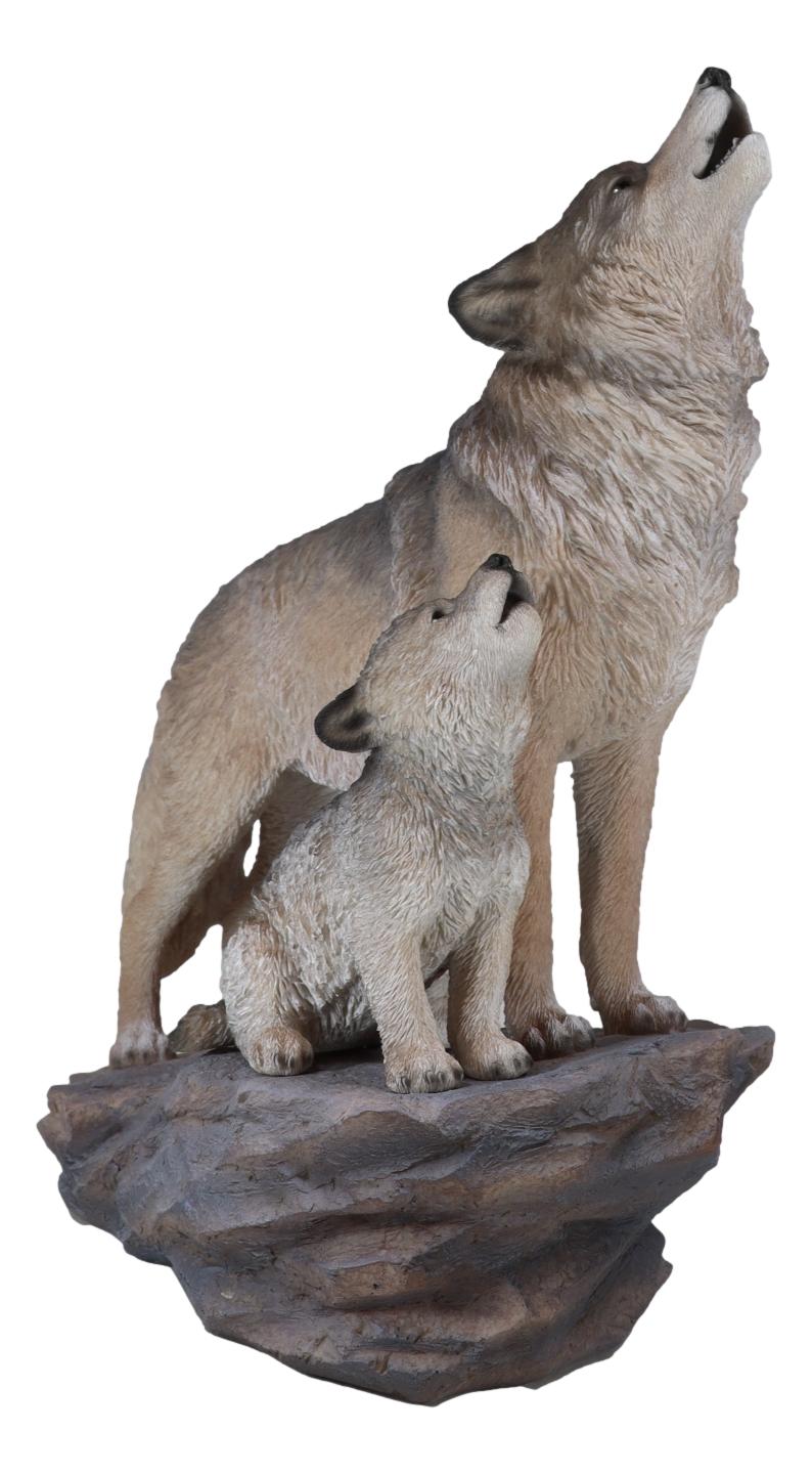 Large Full Moon Howling Spirit Wolf Alpha With Puppy On Rock Ledge Statue 15.5"H