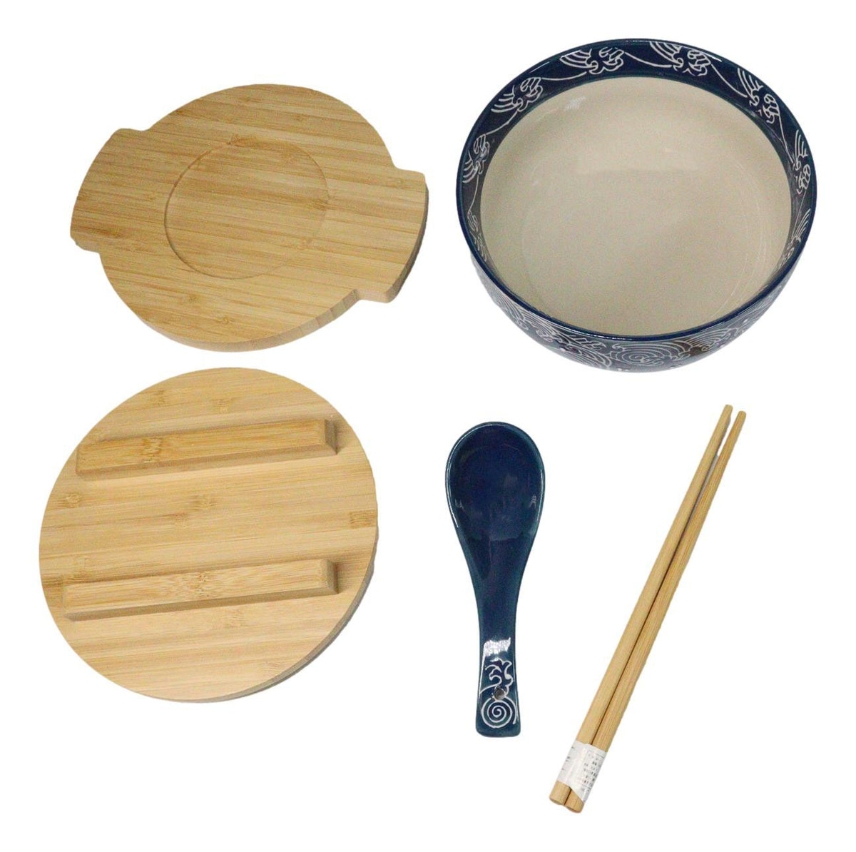 Blue Nami Waves Surf Donburi Ramen Bowl With Lid Trivet Spoon Chopsticks Set
