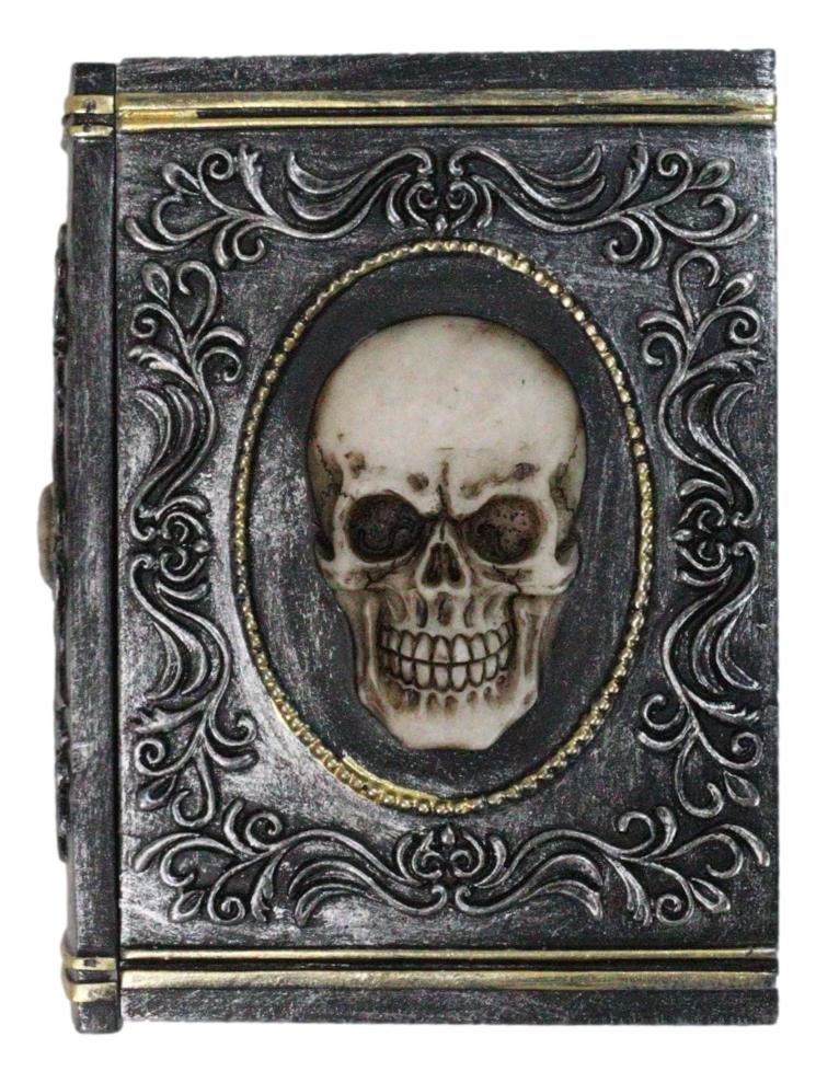 Gothic Macabre Skull Face With Scrollwork Book Shaped Decorative Trinket Box