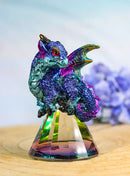 Metallic Blue Dragon Perching On Iridescent Pyramid Glass Small Figurine