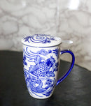 Blue Koi Fish In Water 15oz Porcelain Tea Mug With Lid Stainless Steel Infuser