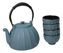 Blue Vertical Lines Design Tetsubin Cast Iron Teapot 33oz And 4 Tea Cups Set
