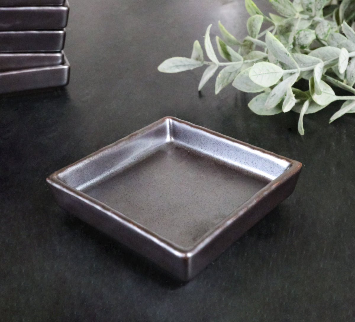 Set Of 6 Black Iron Clay Tetsu Kesho Ceramic Square Condiment Sauce Dishes 2oz
