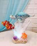 Blue Sea Turtle Swimming with 2 Clownfishes By LED Coral Reef Anemone Figurine