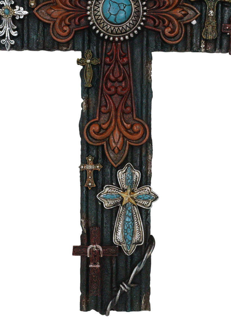 Rustic Western Layered Crosses Fleur De Lis Cowboy Turquoise Tooled Wall Cross