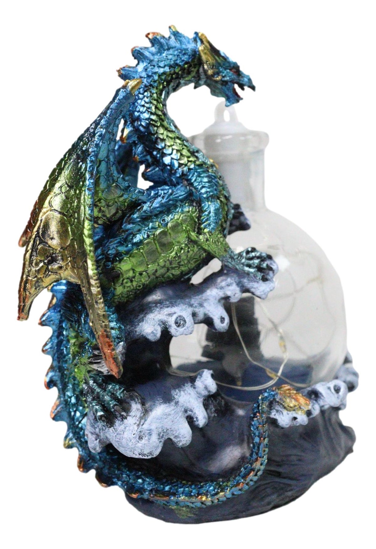 Metallic Frozen Sea Dragon Rising Above Waves by Glass Bottle With Ship Figurine