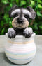 Adorable Grey Mini Schnauzer Puppy Dog Figurine With Glass Eyes Pup In Pot