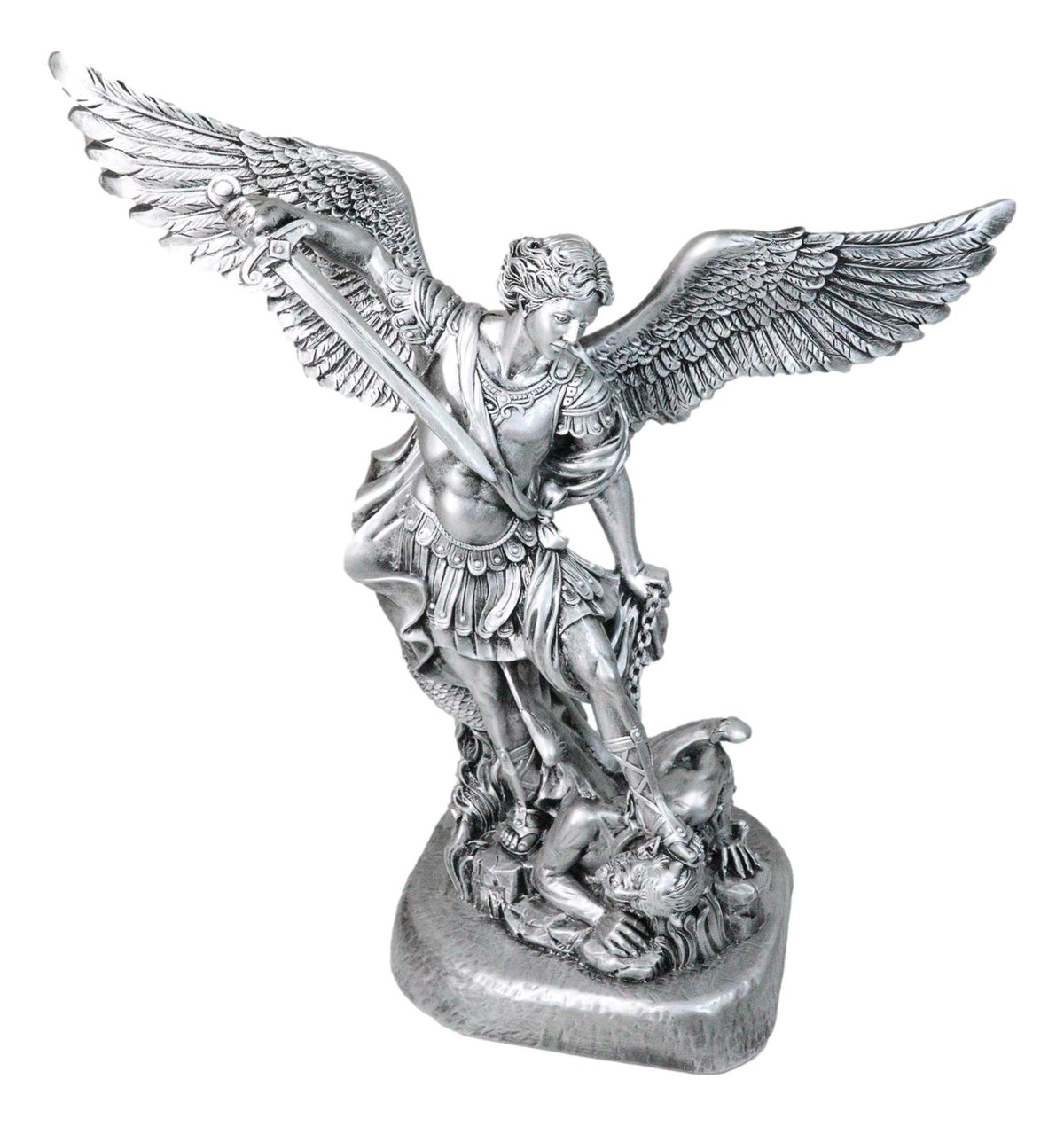 Italian Silver Archangel Saint Michael Trampling Satan With Sword Statue 16"H - Ebros Gift