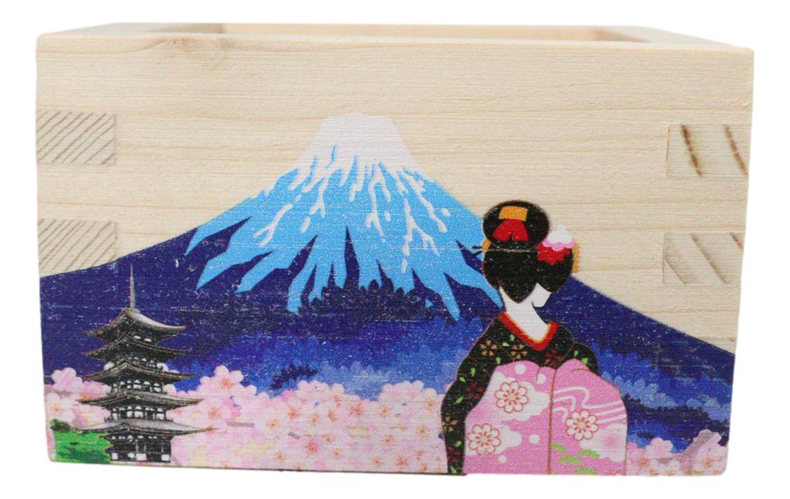 Set Of 3 Pink Sakura Mount Fuji Fujiyama Traditional Masu Square Box Sake Cups