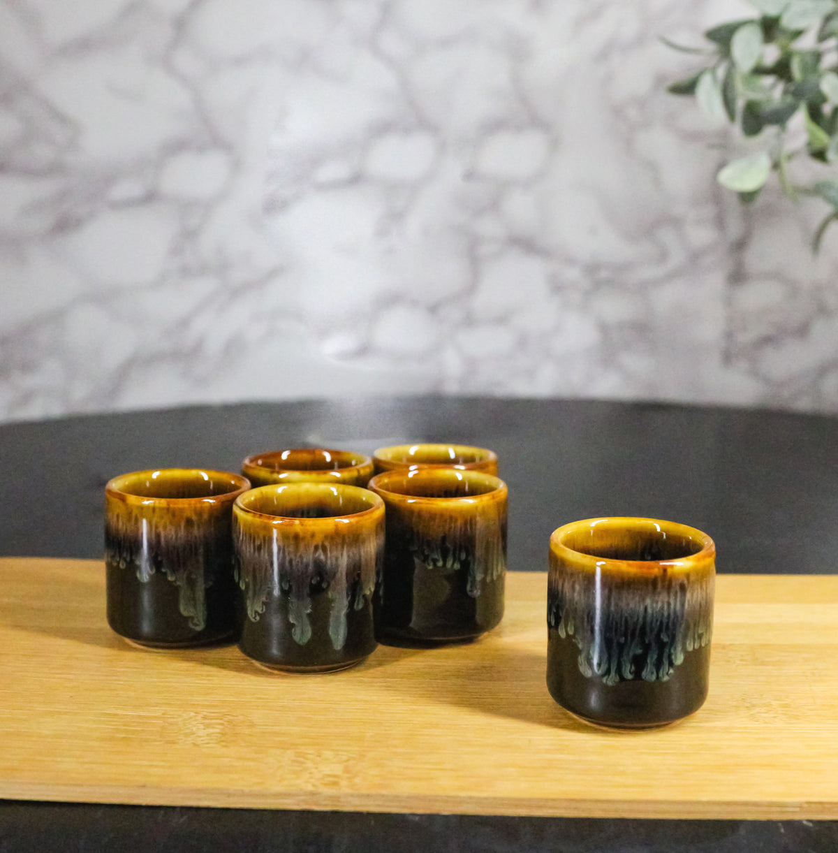 Set of 6 Brown Drip Glaze Porcelain 1.25oz Ochoko Yuzu Sake Cups Drinkware