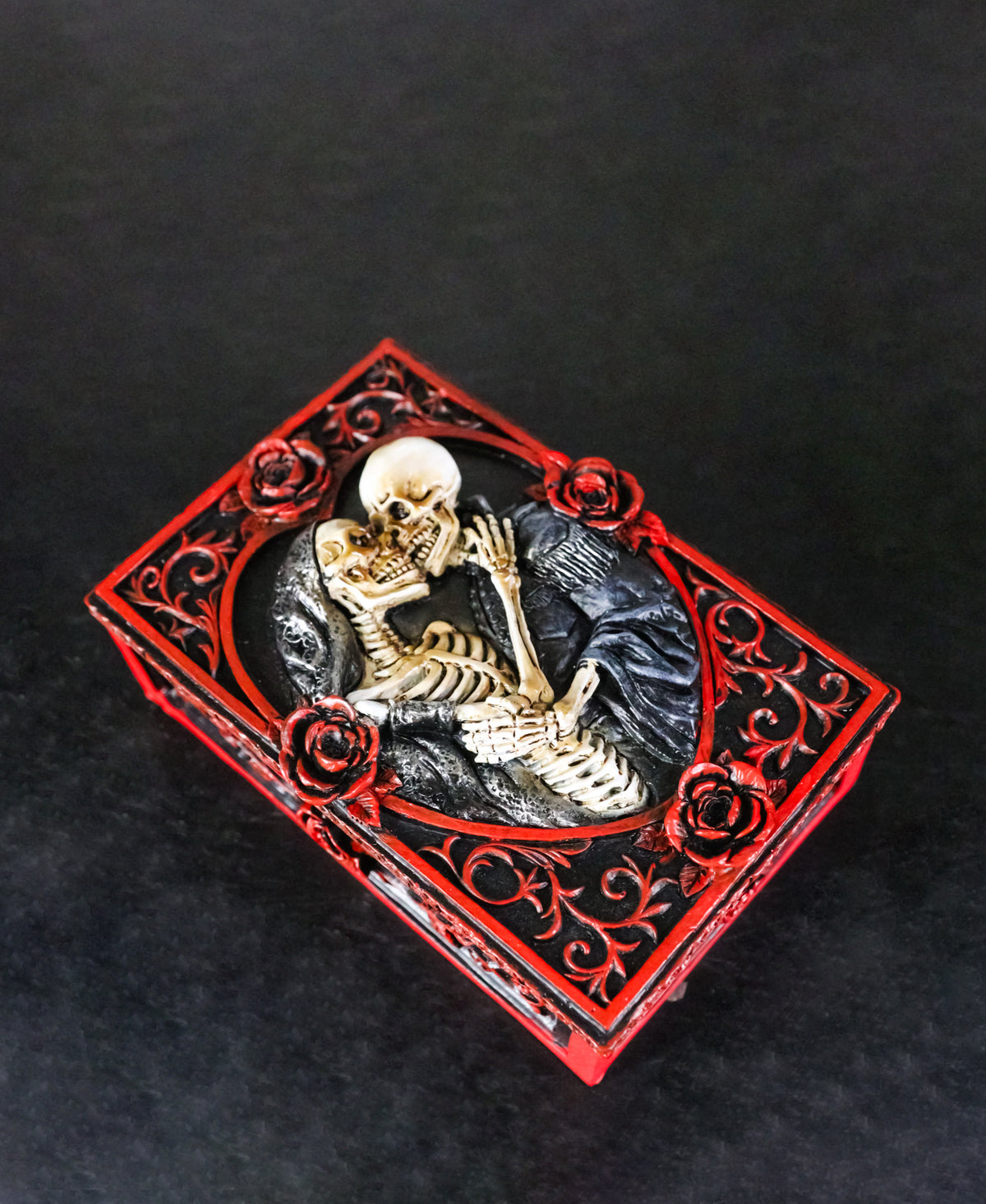 Skeleton Bride and Groom Keepsake Trinket Box with Red Roses Gothic Skull Lovers