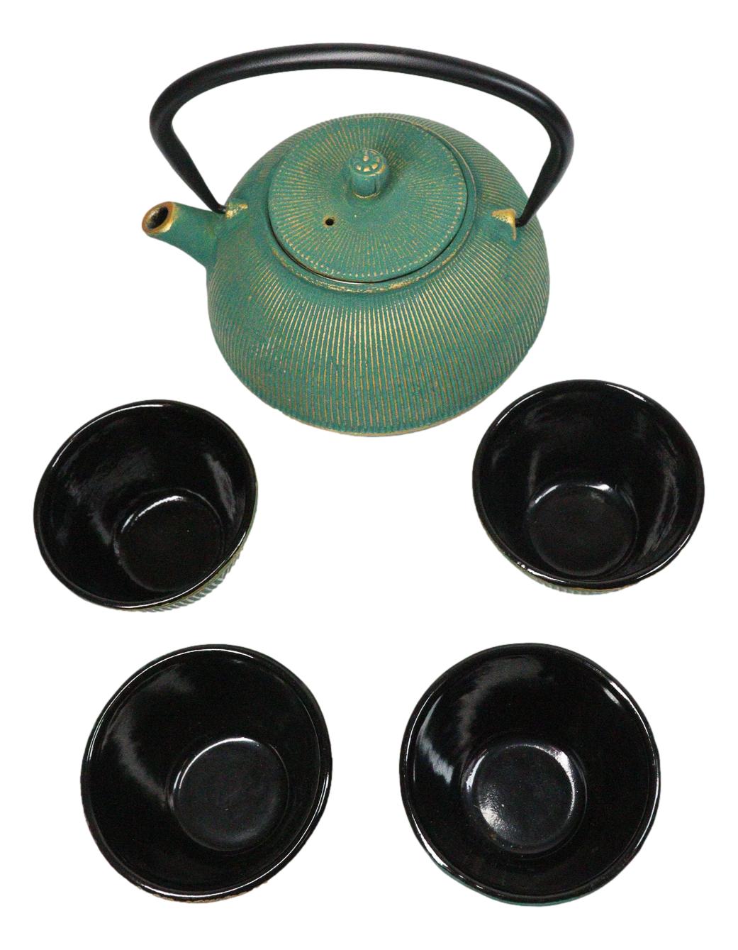 Green Tokusa Gold Streaks Tetsubin 27oz Cast Iron Tea Pot With 4 Cups Set
