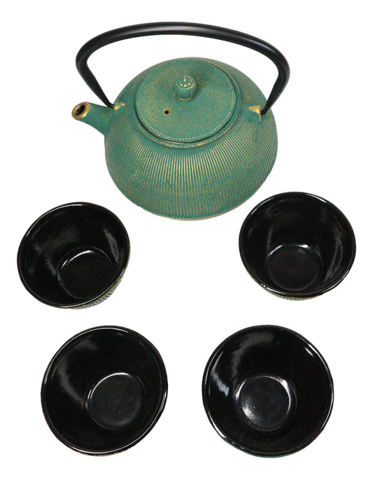 Green Tokusa Gold Streaks Tetsubin 27oz Cast Iron Tea Pot With 4 Cups Set