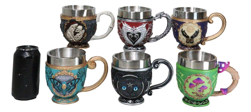 Set Of 6 Colorful Cameo Tarot Moth Skeletons Dragons Cat Magic Tea Cup Mugs
