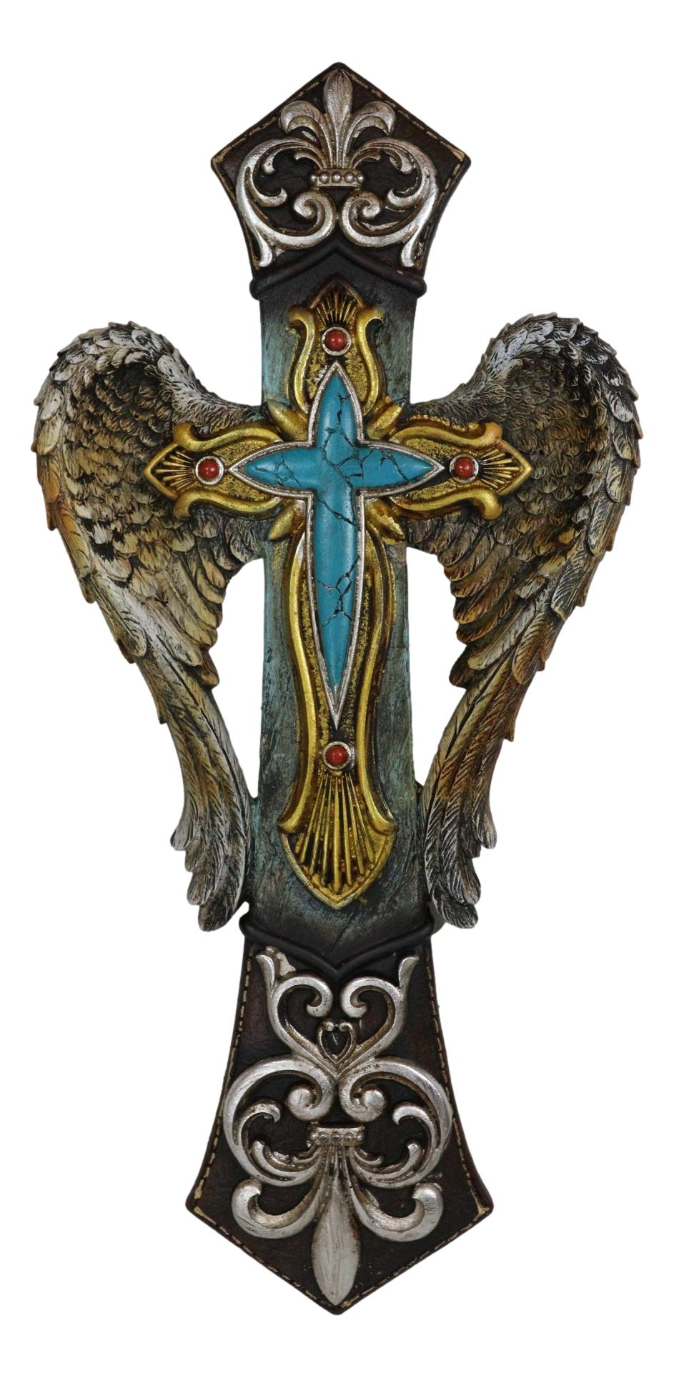 Rustic Tuscany Fleur De Lis Silver Scroll Angel Wings Turquoise Stone Wall Cross