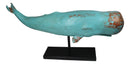 Abstract Art Blue Sperm Whale Fish Faux Distressed Wood Sculpture On Stand 30"L