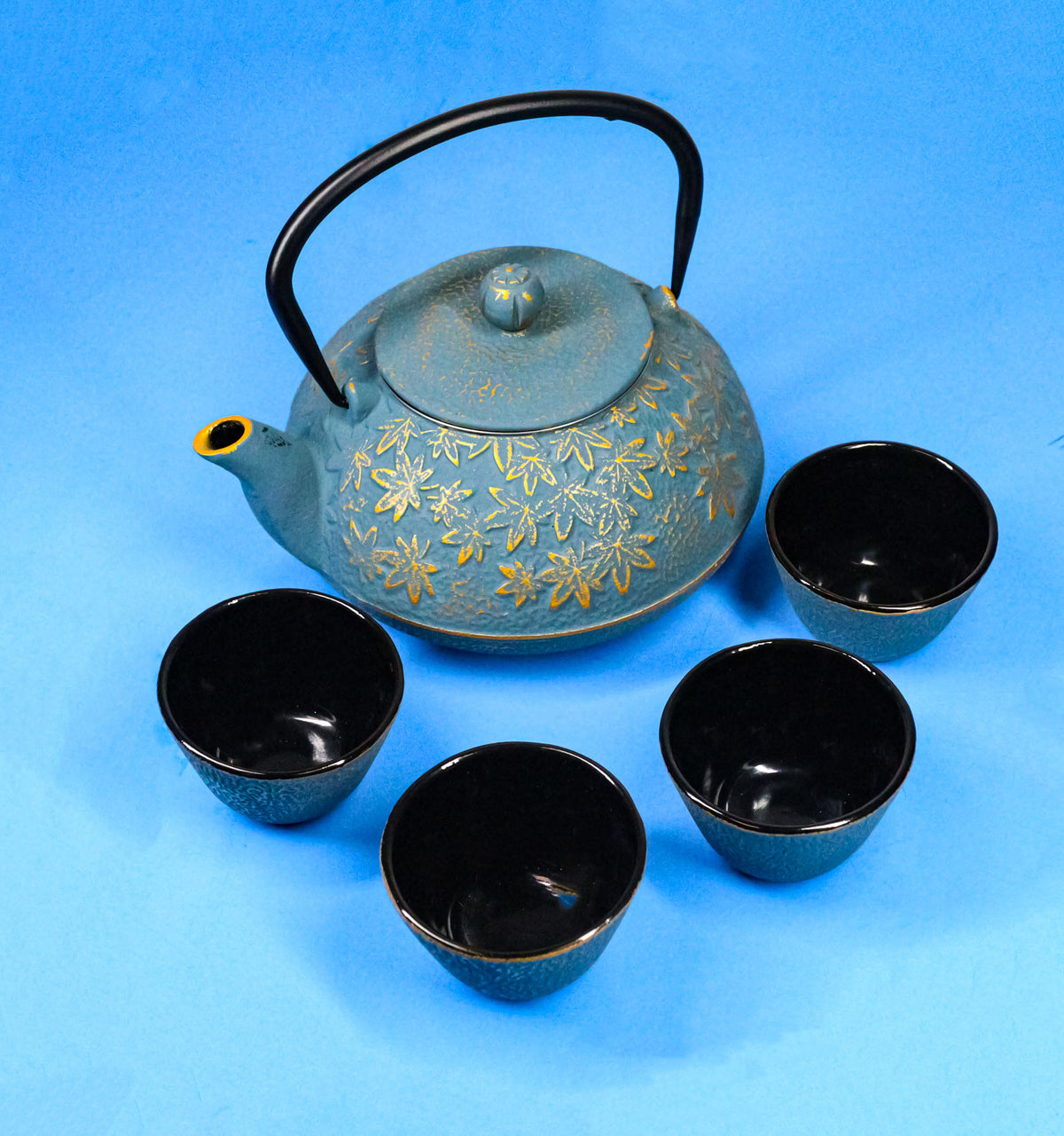 Maple Leaves Momiji Design Blue Tetsubin Cast Iron Tea Pot With 4 Cups Set 37oz