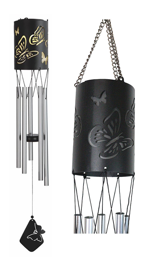 Monarch Butterlfy Cylindrical Steel Metal Filigree Hanging Solar Wind Chime