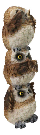 Stacked See Hear Speak No Evil Wise Fat Brown Great Horned Owls Figurine 8"H