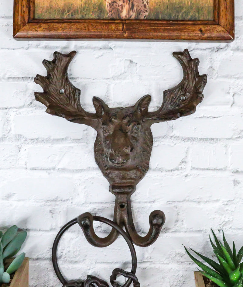 Cast Iron Western Rustic Bull Moose Antlers Head Wall Double Hooks Plaque