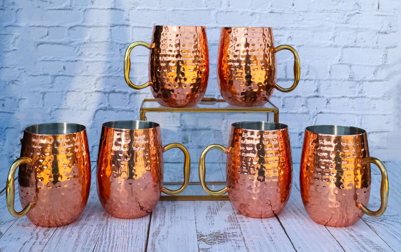 Pack Of 6 Moscow Mule Copper Stainless Steel Hammered Barrel Cup Mug Gold Handle