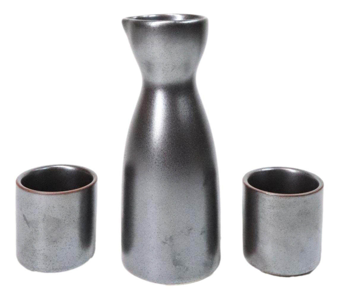 Porcelain Black Iron Clay Tetsu Kesho Japanese Wine Sake Flask With 2 Cups Set