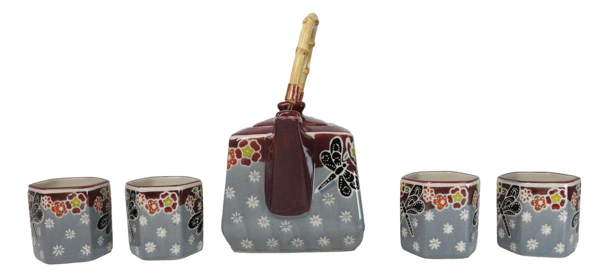 Maroon Grey Tombo Dragonfly With Flowers Hexagonal Teapot With 4 Tea Cups Set