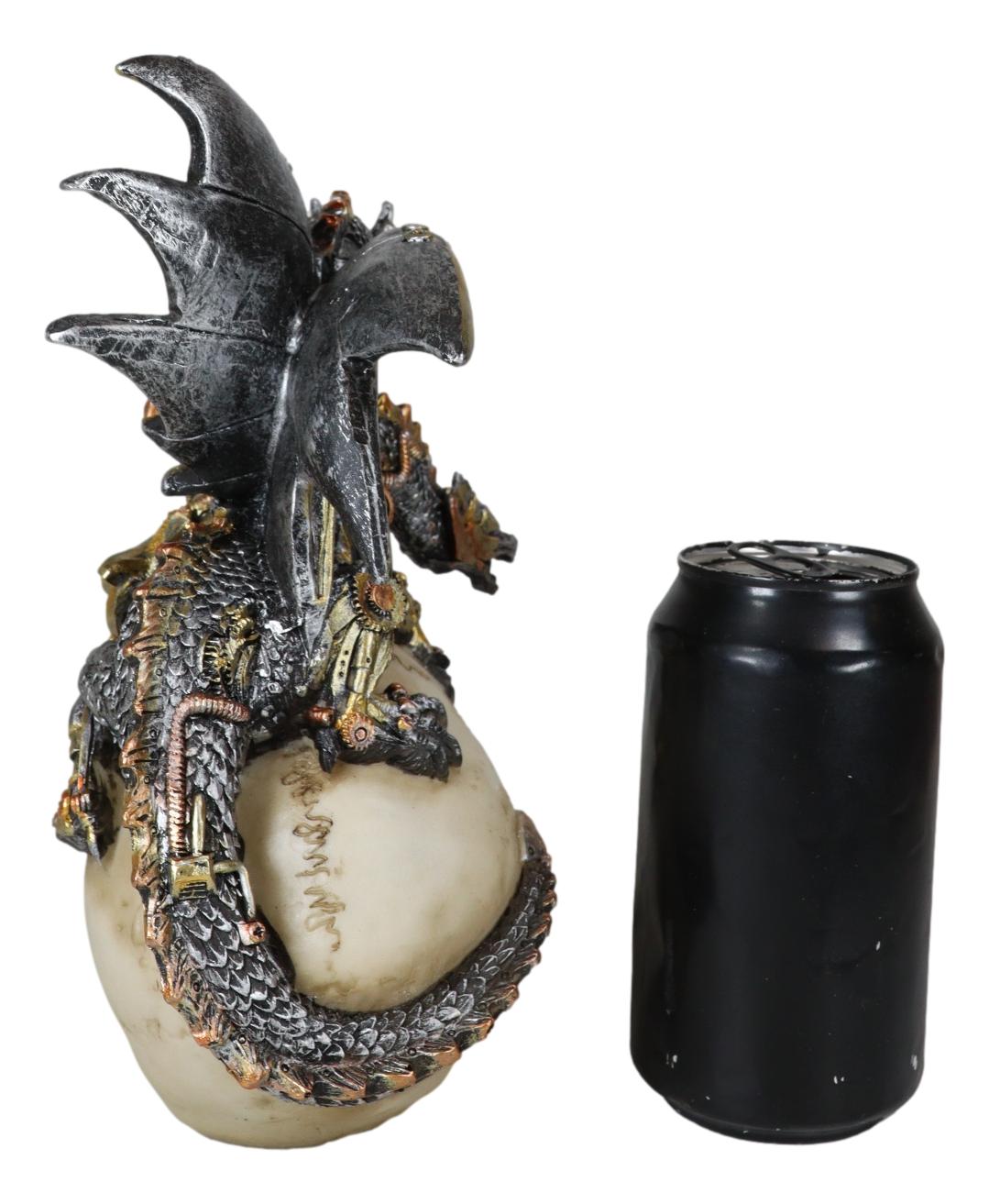 Steampunk Cyborg Skull with Perching Robotic Silver Hydra Dragon Figurine