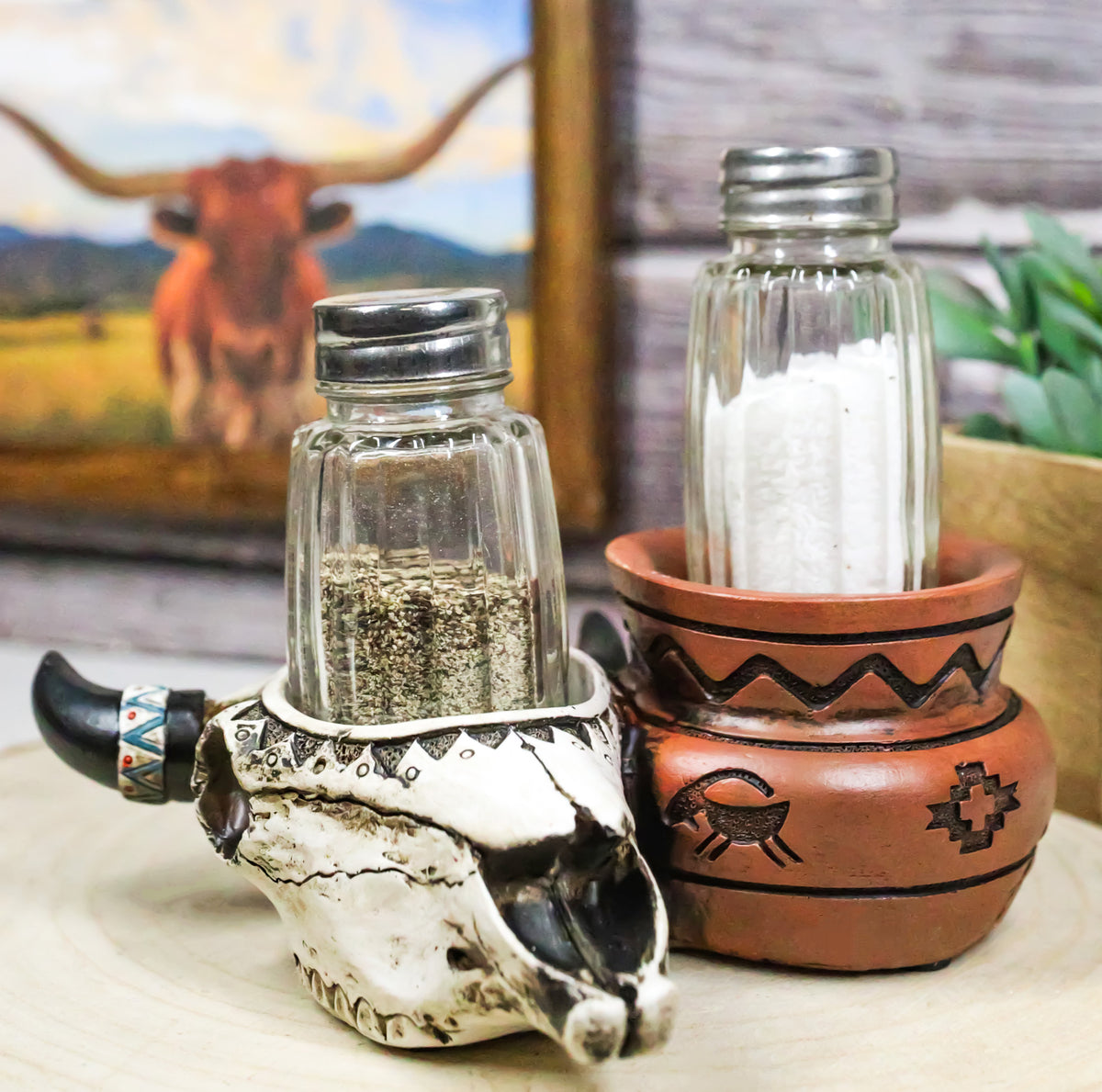 Southwestern Buffalo Cow Skull With Canister Jar Glass Salt Pepper Shakers Set
