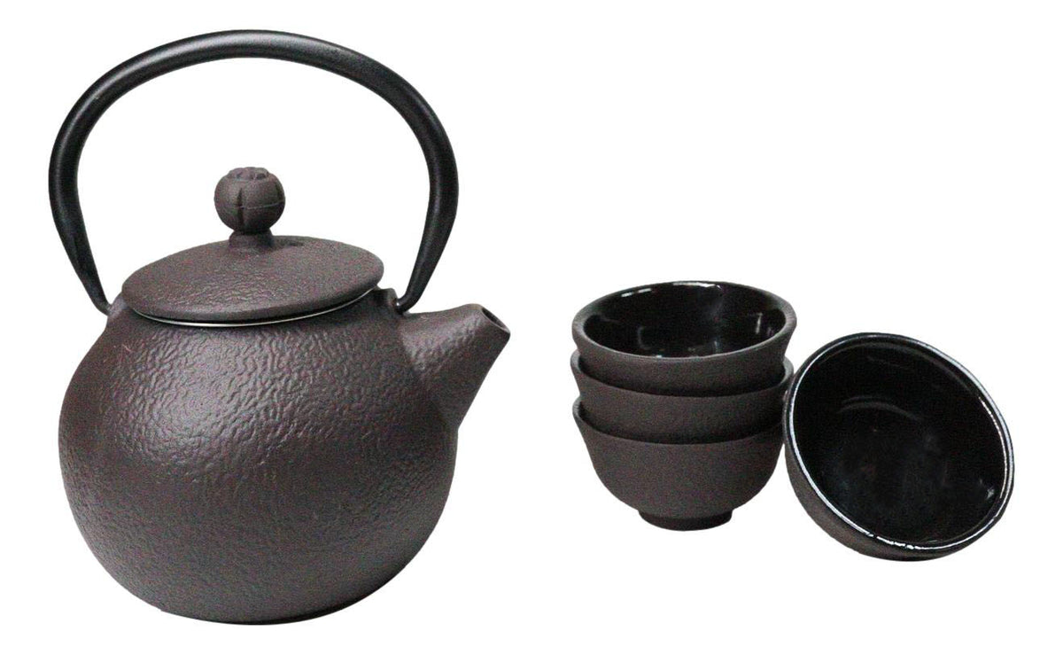 Round Dark Brown Textured Petite Cast Iron Teapot 10oz With 4 Mini Tea Cups Set