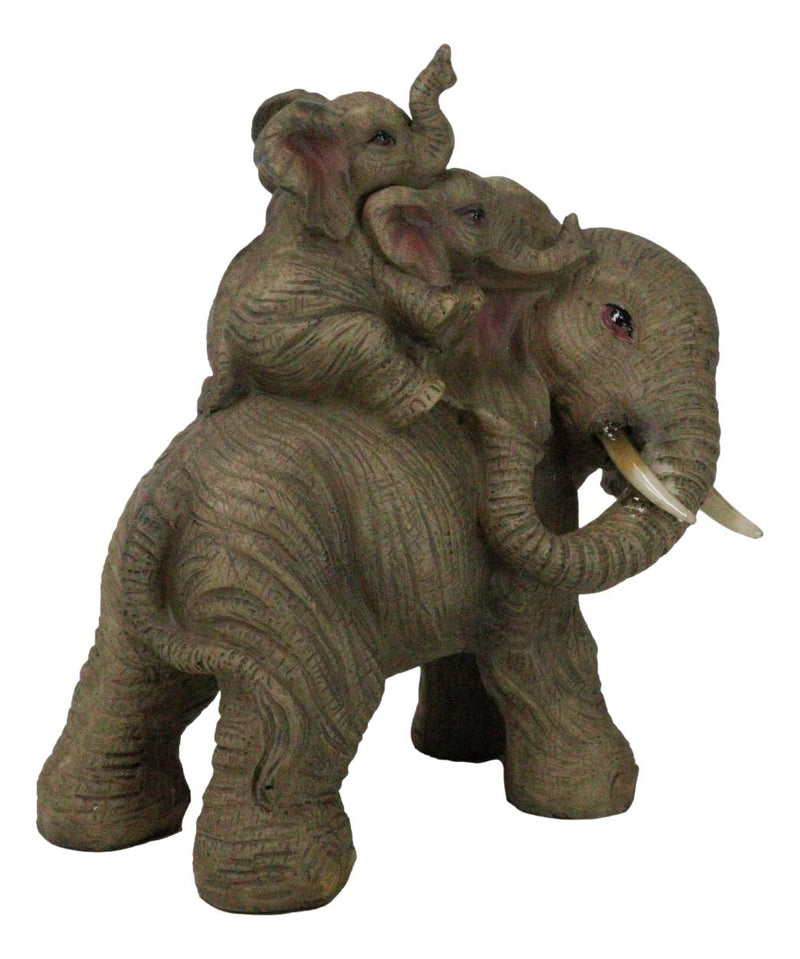 Safari Savanna Whimsical Elephant Father And 2 Calves On Piggyback Figurine 5"H