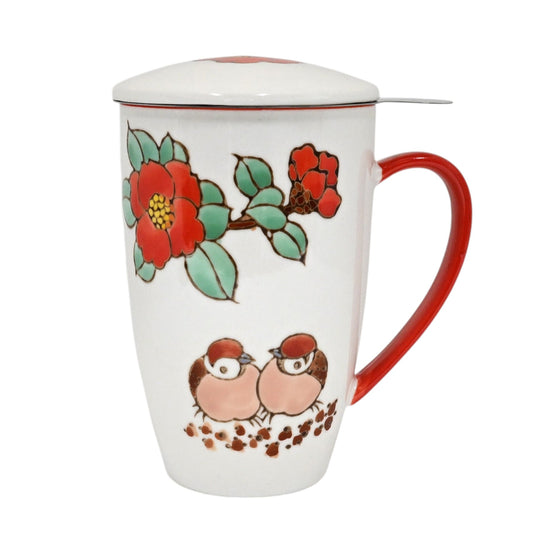 Twin Sparrows Florals 15oz Porcelain Tea Mug With Lid & Stainless Steel Infuser