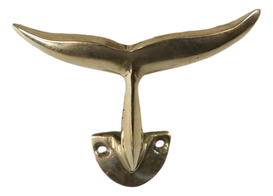 Set of 2 Brass Gold Nautical Sea Baleen Blue Whale Tail Wall Coat Hook Hangers - Ebros Gift