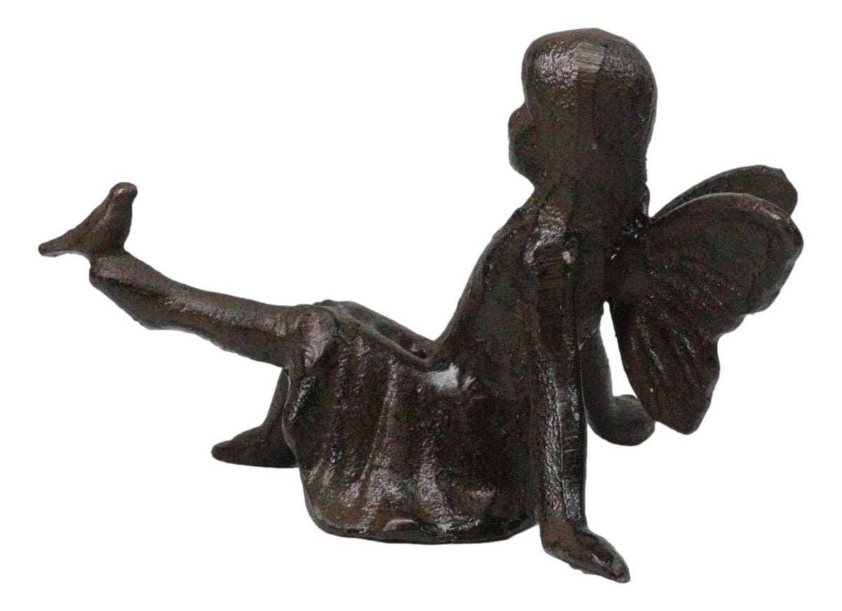 Cast Iron Sitting Whimsical Fairy With Bird On Her Feet Small Sculpture 5.75"L