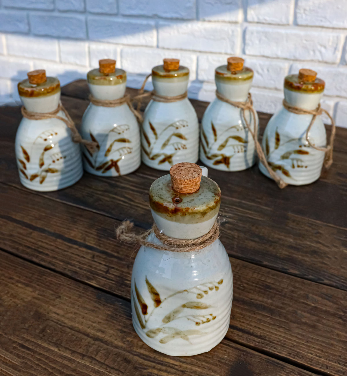 Pack of 6 Porcelain White Brown Reed Soy Sauce Vinegar Oil Dispenser Flask 7oz