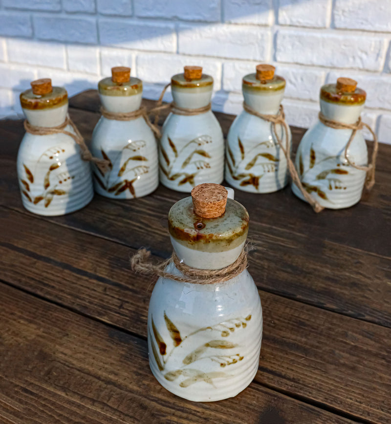 Pack of 6 Porcelain White Brown Reed Soy Sauce Vinegar Oil Dispenser Flask 7oz