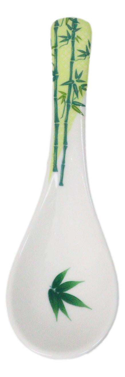 Set of 6 Green Bamboo Porcelain Asian Soup Spoons Japanese Ramen Pho Wonton