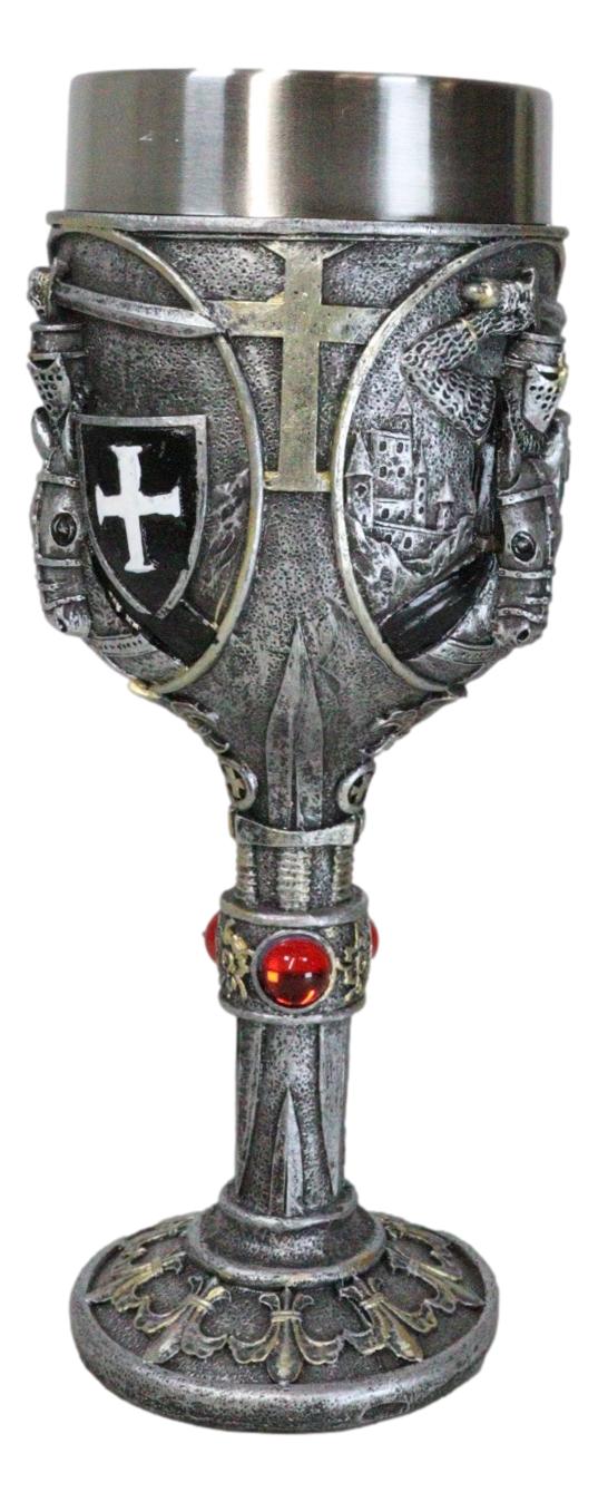 Medieval Templar Crusader Dark Knight Suit of Armor On Horse Wine Goblet Chalice