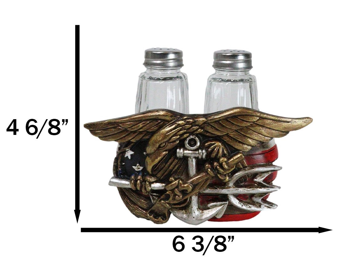 US Navy Sailor Eagle Anchor Trident Emblem And Flag Salt Pepper Shakers Holder
