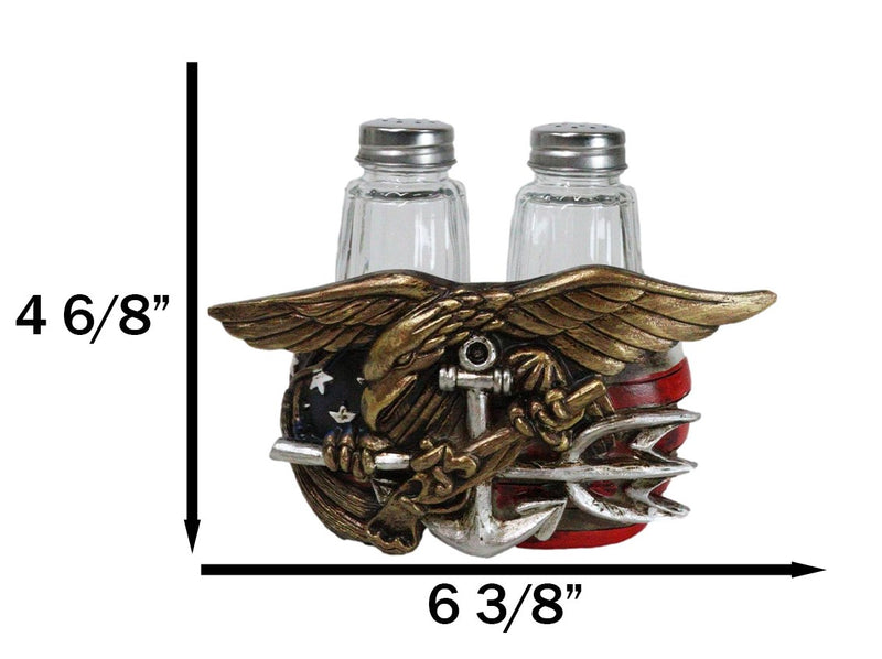 US Navy Sailor Eagle Anchor Trident Emblem And Flag Salt Pepper Shakers Holder