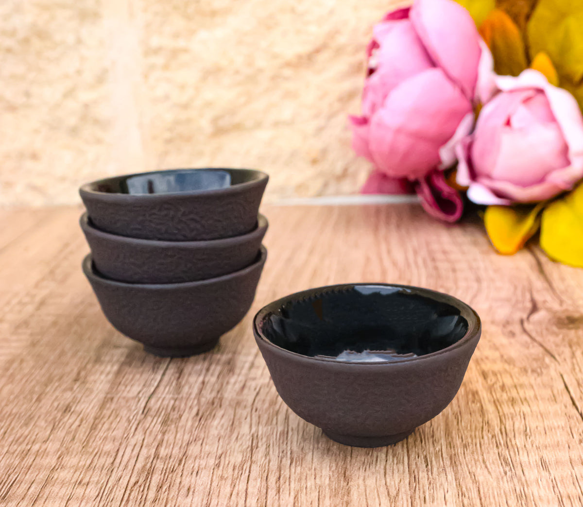 Brown Textured Surface Japanese Tetsubin Style Cast Iron Mini Tea Cups Set of 4