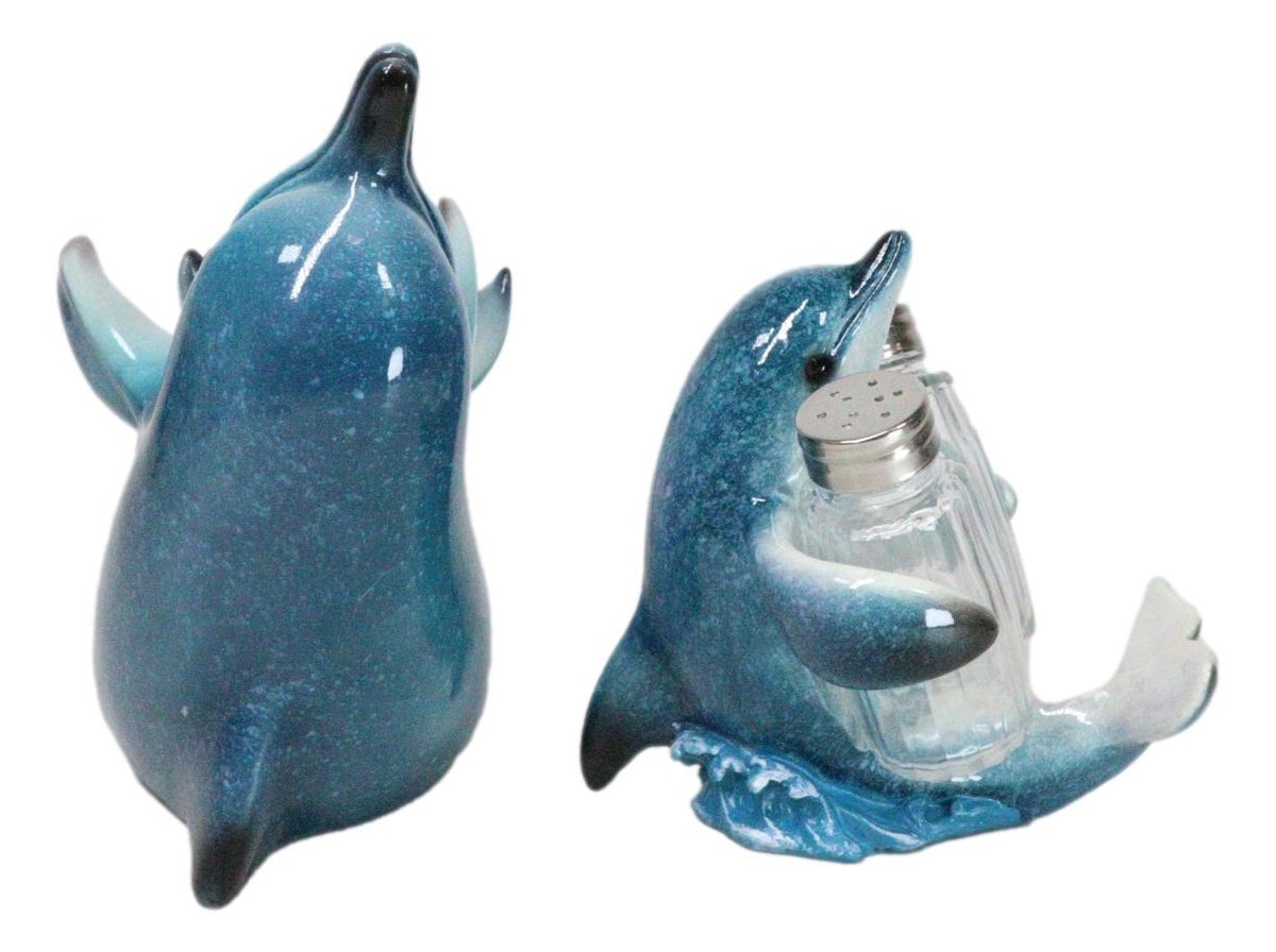 Set Of 2 Ocean Marine Dolphin Fish Wine Bottle And Salt Pepper Shakers Holders - Ebros Gift
