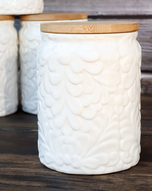 Set of 2 Ceramic White Floral Air Tight Canister Storage Jars Bamboo Lid 44oz