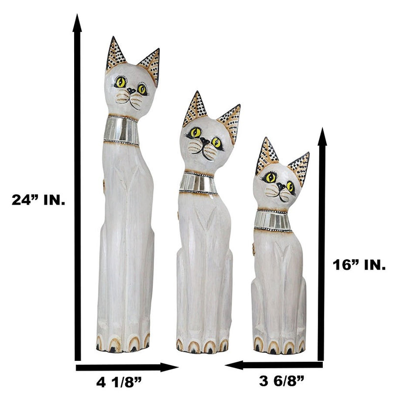 Balinese Wood Handicraft White Siamese Feline Cat Family Set of 3 Figurines 24"H