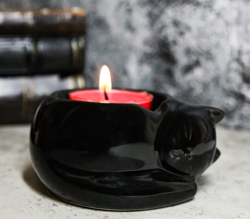 Pack Of 2 Wicca Ceramic Sleeping Black Feline Cat Tea Light Votive Candleholder