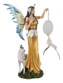 Large Native Indian Fairy Pocahontas Holding Dreamcatcher With Grey Wolf Statue